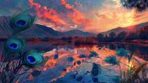 A serene lake mirrors the vivid sky adorned with large peacock feathers in a surreal landscape backdrop captured in Tranquil Waters wallpaper