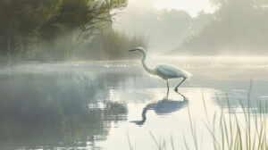 A serene lakeside scene with a majestic bird peacefully wading through the shallow waters its reflection mirrored on the tranquil surface captured in a wallpaper