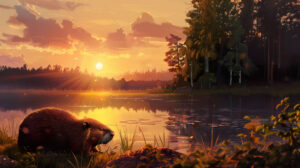 A serene lakeside setting with a beaver emerging from its lodge to enjoy the setting suns warm glow captured beautifully in the wallpaper