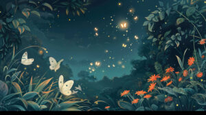 A serene nighttime garden, with elegant moths drawn to the gentle glow of moonflowers and twinkling fireflies