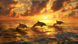 A serene sunset scene with dolphins swimming gracefully in golden hued waters, creating ripples of tranquility
