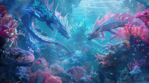 A serene underwater wallpaper capturing graceful anime dragons swimming among vibrant coral reefs
