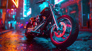A shining custom built chopper radiating power and style under the vibrant neon lights of a busy city street
