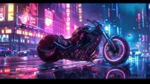 A sleek custom chopper shines brightly beneath the vibrant glow of neon lights in a bustling city street radiating both power and style