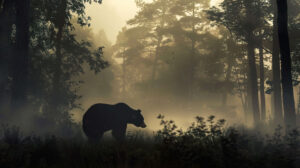 A solitary black bear meandering amidst a foggy forest its outline representing the essence of natural beauty in the wild
