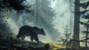 A solitary black bear wanders through a foggy forest its outline a representation of unbridled beauty and the untouched wild