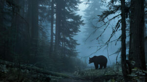 A solitary black bear wanders through a foggy woods its outline epitomizing the allure of natures untamed charm and wild expanse