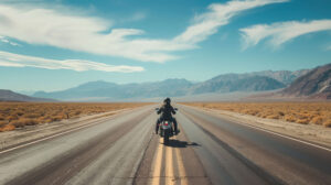 A solitary rider journeys down an empty desert road the open expanse of highway stretching endlessly ahead of them