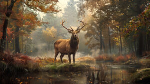 A solitary stag its antlers raised high stands as a majestic protector of the forest realm