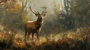 A solitary stag its antlers raised proudly stands as a noble protector of the forest realm captured in regal guardian of the woodland domain.jpg