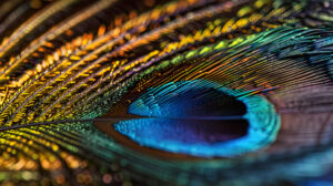 A striking close up of a magnificent peacock feather adorned with its dazzling hues and detailed designs glistening under the sunlight