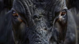 A striking wallpaper featuring the focused gaze and sharp intelligence in the dark eyes of a black bull up close