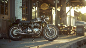 A stylish cafe racer rests by a charming roadside eatery its shiny chrome sparkling under the afternoon sun