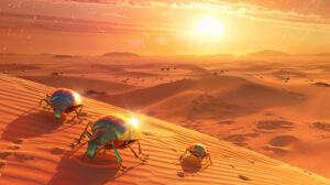 A surreal desert landscape with iridescent beetles scurrying across the sandy dunes under a blazing sun