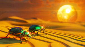 A surreal desert scene captured as wallpaper featuring iridescent beetles scurrying across sandy dunes under a blazing sun