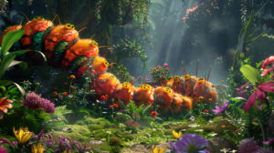A surreal garden scene with oversized caterpillars crawling among towering flowers and lush foliage, creating a whimsical atmosphere