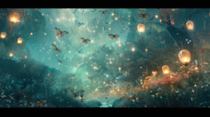 A surreal landscape with ethereal moths fluttering among glowing lanterns, creating a mesmerizing dance of light and shadow
