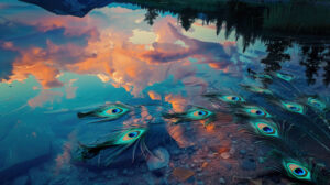 A surreal landscape with oversized peacock feathers scattered across a tranquil lake, reflecting the vibrant colors of the sky
