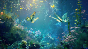 A surreal underwater scene with luminescent moths gliding gracefully among coral reefs and shimmering sea plants
