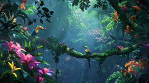 A symphony of colors in a rainforest scene, featuring exotic birds and blooming flowers