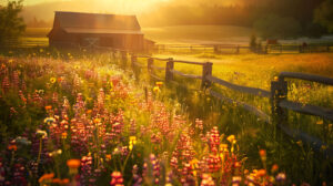 A tranquil barnyard bathed in morning light with sunlight filtering through the wooden fences onto a field of vibrant wildflowers wallpaper