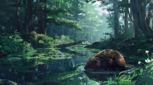 A tranquil forest stream, where a busy beaver constructs its lodge amidst lush greenery and serene reflections