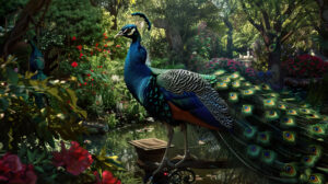 A tranquil garden abundant with verdant foliage and colorful blossoms where majestic peacocks gracefully showcase their ornate plumage