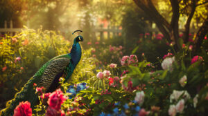 A tranquil garden adorned with lush green plants and colorful flowers where majestic peacocks wander freely flaunting their impressive feathers