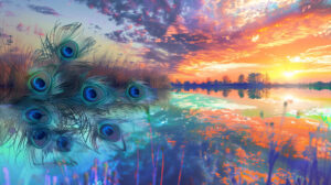 A tranquil lake adorned with oversized peacock feathers reflecting the vivid colors of the sky creating a surreal landscape for a wallpaper