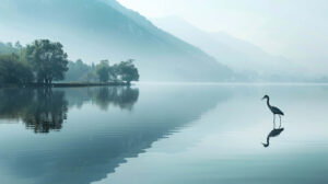 A tranquil lakeside setting, where a big bird wades gracefully through shallow waters, its reflection mirrored in the calm surface