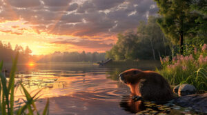 A tranquil lakeside setting with a beaver emerging from its lodge bathed in the warm light of the setting sun wallpaper