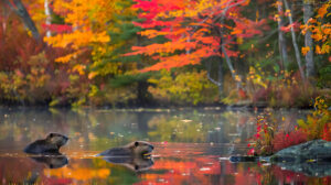 A tranquil pond embraced by vibrant fall foliage is the backdrop for a leisurely swim enjoyed by a family of beavers in this wallpaper