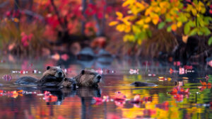A tranquil pond is the setting for a leisurely swim by a family of beavers just as vibrant fall foliage contributes to the serene scene in this wallpaper