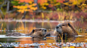A tranquil pond presents a scenic backdrop for a beaver family enjoying a leisurely swim amidst vibrant fall foliage