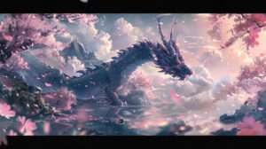 A tranquil scene featuring a serene landscape with a dragon peacefully resting among cherry blossoms can be found in TranquilDragonAmongBlossoms.jpg