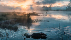 A tranquil sunrise envelops the beavers realm where mist hovers above the water as diligent beavers begin their days tasks