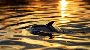 A tranquil wallpaper captures dolphins gracefully swimming in golden waters under a serene sunset creating ripples of peace
