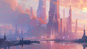 A tranquil wallpaper featuring Atlantis city skyline in dreamy pastel hues