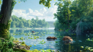 A tranquil wallpaper showcasing a scenic riverbank where a family of leisurely swimming beavers enjoy the verdant surroundings