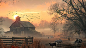 A twilight barnyard with soft pastel colors, silhouettes of farm animals against the setting sun, and a peaceful atmosphere