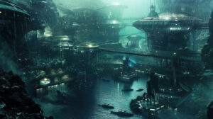 A utopian underwater city in futuristic Atlantis featuring advanced technology and ethereal lighting in a wallpaper titled Utopian Atlantis for your desktop