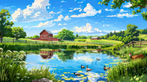 A vibrant barnyard scene with lush green pastures, a pond reflecting the clear blue sky, and ducks swimming peacefully