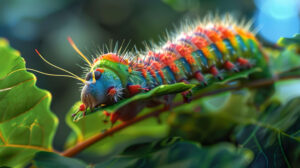 A vibrant caterpillar adorned with colorful stripes leisurely munching on a leaf its fuzzy texture and bright hues enlivening the scene in the wallpaper