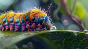 A vibrant caterpillar with colorful stripes feasting on a leaf its fuzzy texture bringing a burst of color to the scene wallpaper