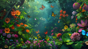 A vibrant tropical garden alive with buzzing bees, fluttering butterflies, and colorful beetles feasting on nectar rich flowers