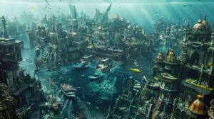 A vibrant wallpaper showcasing Atlantis harbor teeming with sunken vessels and a lively underwater ecosystem vividly capturing a sense of motion