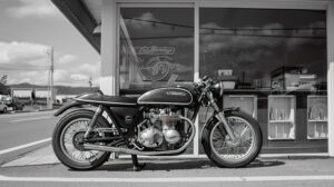 A vintage cafe racer rests outside a charming roadside eatery its shiny chrome reflecting the warm afternoon sun
