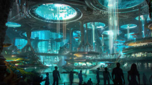 A wallpape of a utopian underwater city in Futuristic Atlantis featuring advanced technology and ethereal lighting