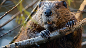 A wallpaper capturing a beaver diligently chewing on a branch highlighting its hardworking demeanor and formidable teeth