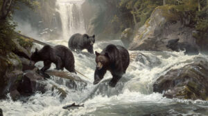 A wallpaper capturing a group of black bears showcasing their hunting skills as they fish for salmon in a fast flowing river their agile movements demonstrating their prowess